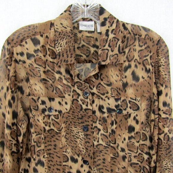 Chicos Silk Leopard Print Button Front Sheer Top Womens Size S 0 Long Sleeve - Picture 2 of 12
